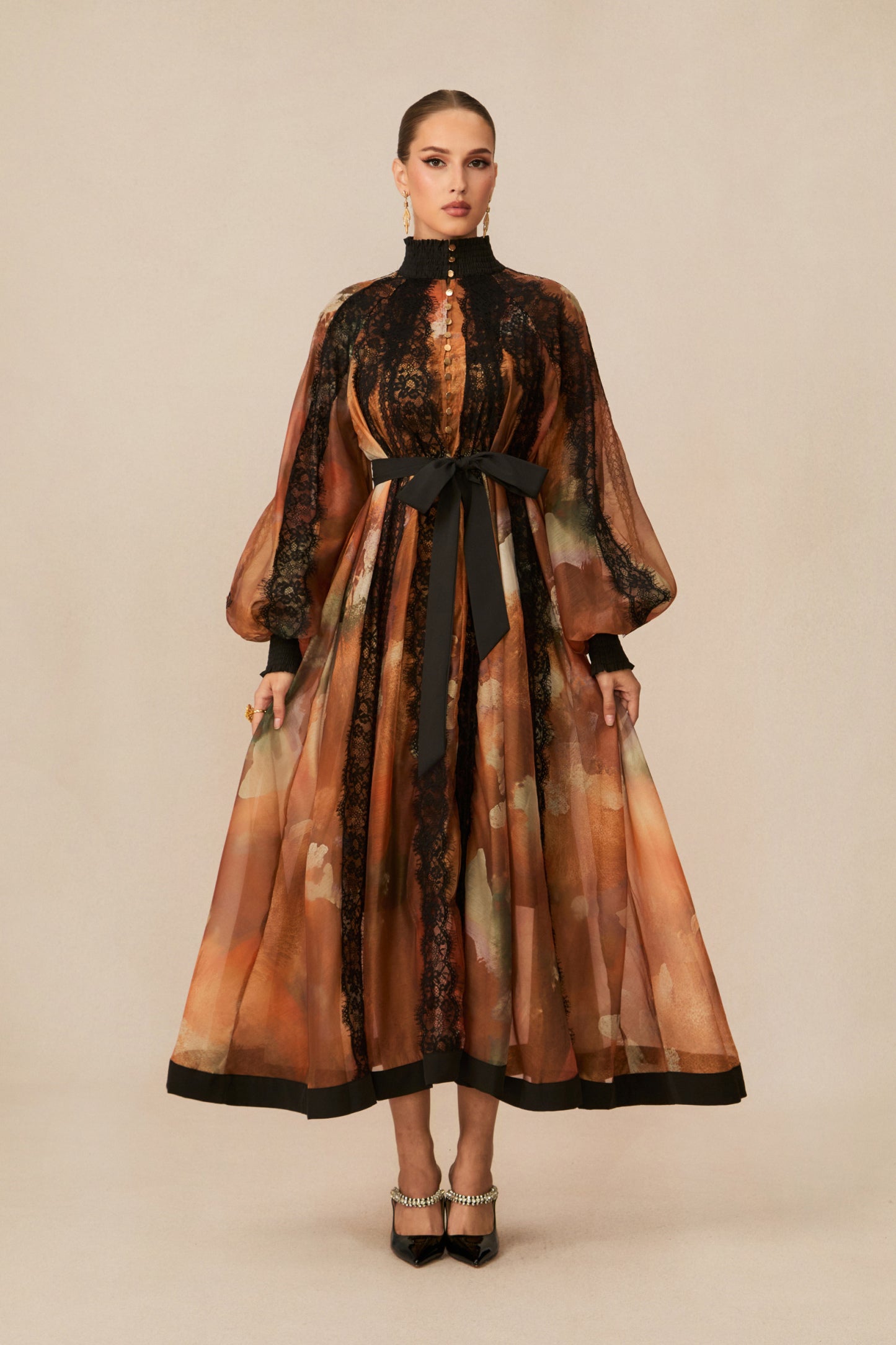 Alluring Glam Orange Lace Panel Midi Dress