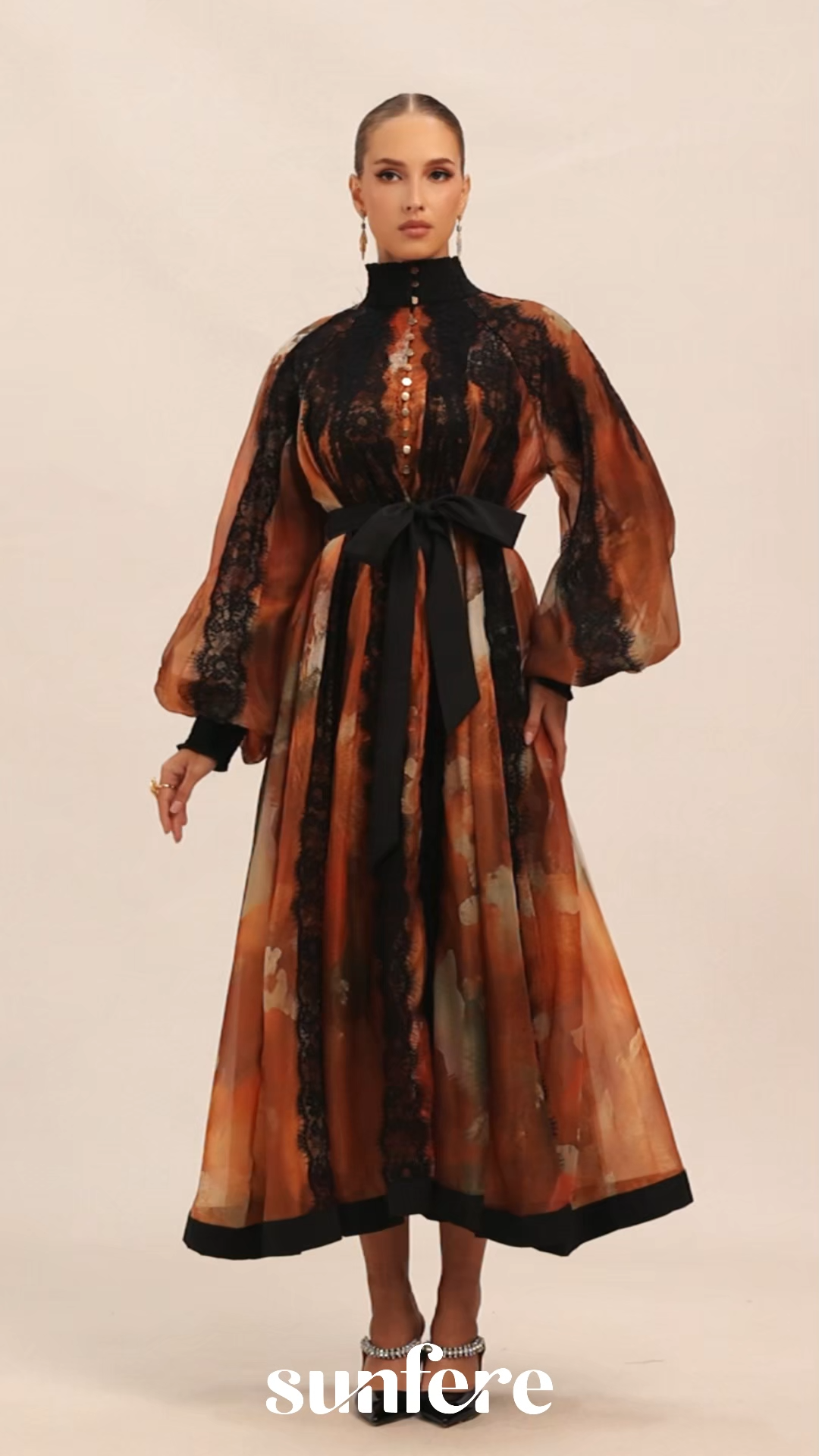 Alluring Glam Orange Lace Panel Midi Dress